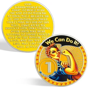 CHURYUML 1 Year Rosie The Riveter Sobriety Coin One Year Sobriety Chip We Can Do It AA Coins Sober Anniversary Medallions Sobriety Gifts for Women Alcoholics Anonymous Addiction Recovery Gifts