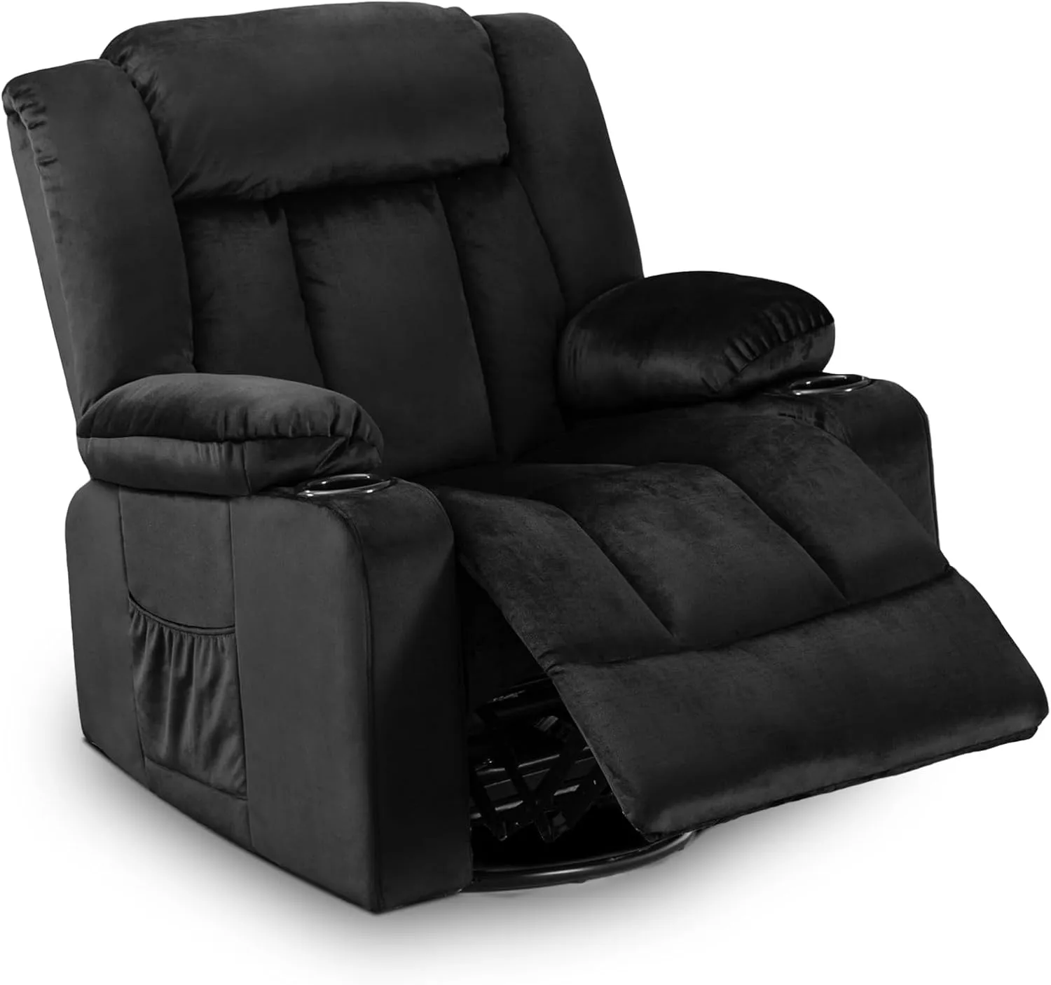 COMHOMA Recliner Chair,360° Swivel Rocker Glider Recliners with Cup Holders, Upholstered Fabric Rocking Chair for Adults,Manual Reclining Single Sofa for Living Room,Black