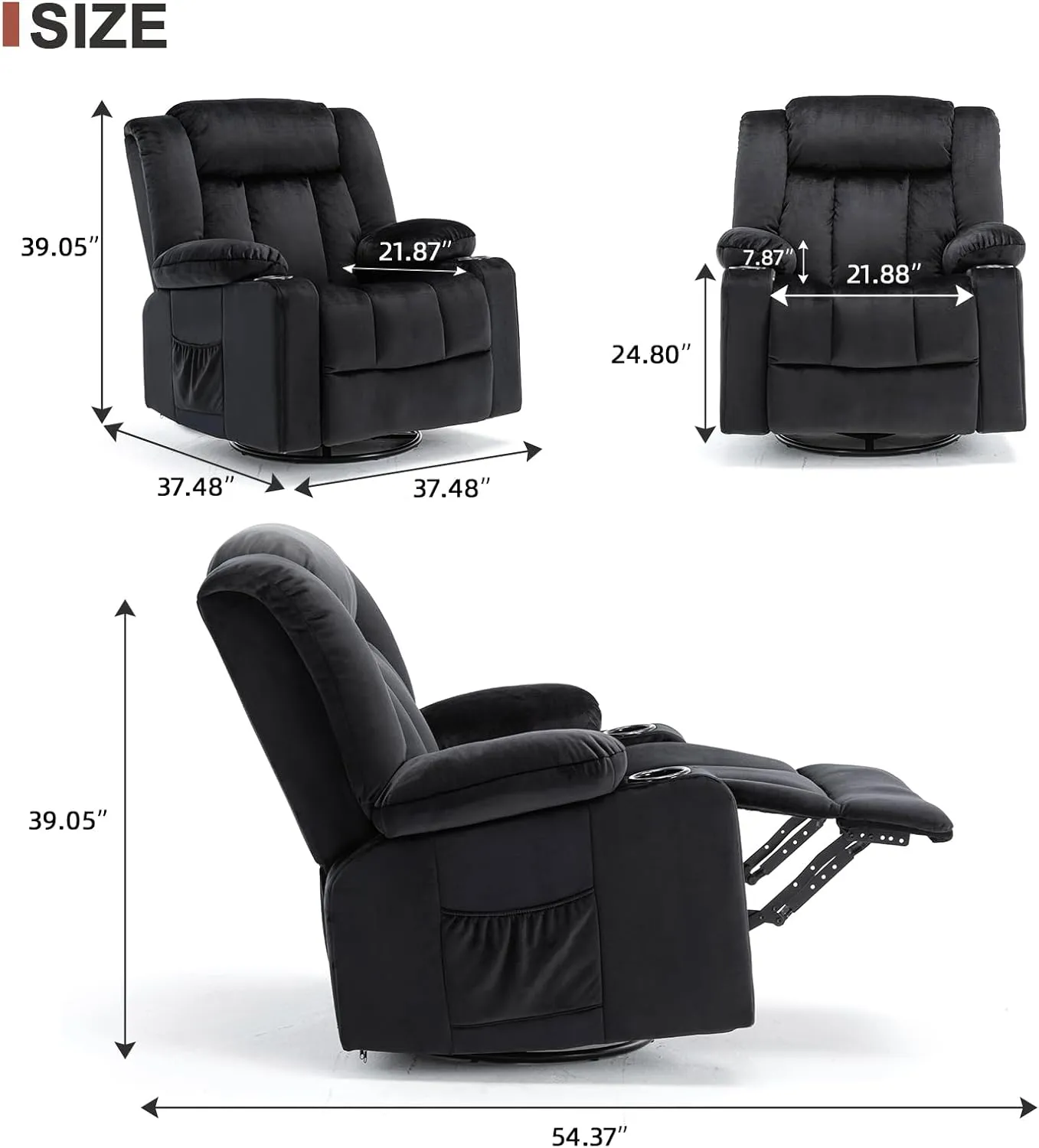 COMHOMA Recliner Chair,360° Swivel Rocker Glider Recliners with Cup Holders, Upholstered Fabric Rocking Chair for Adults,Manual Reclining Single Sofa for Living Room,Black