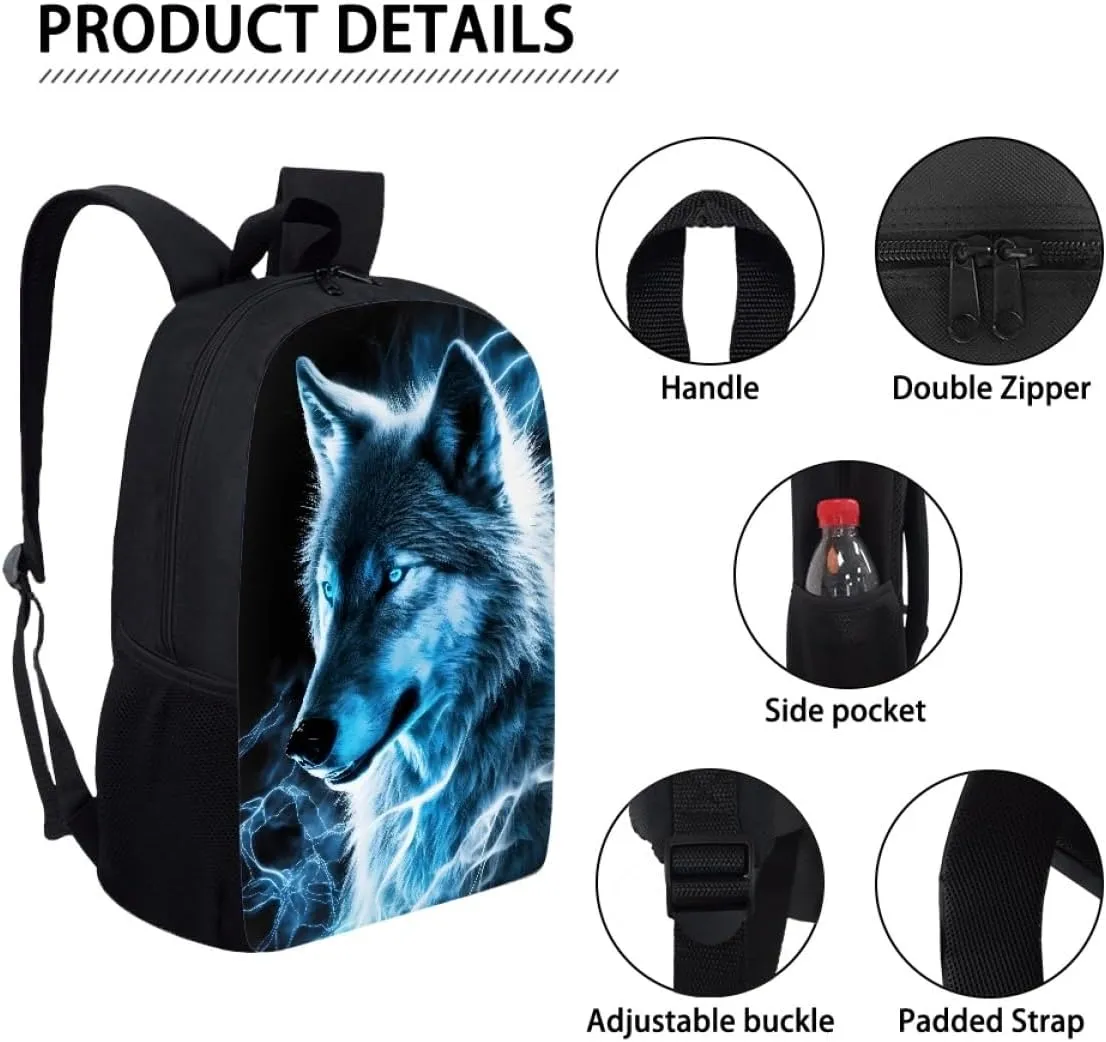 Cool Fire Ice Wolf Printed School Backpacks for Boys Girls Casual Lightweight Daypack Bookbag Travel Knapsack,Blue Lightning Wolf