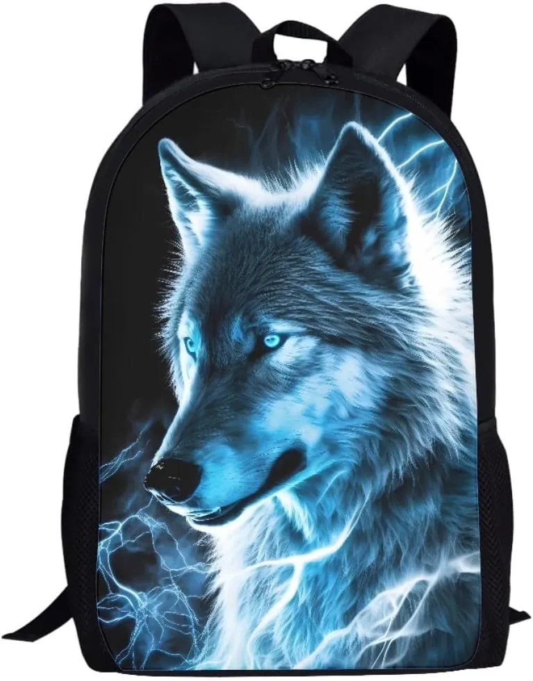 Cool Fire Ice Wolf Printed School Backpacks for Boys Girls Casual Lightweight Daypack Bookbag Travel Knapsack,Blue Lightning Wolf