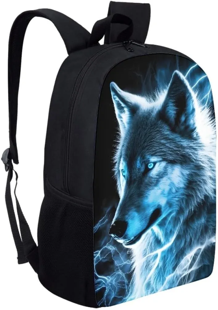 Cool Fire Ice Wolf Printed School Backpacks for Boys Girls Casual Lightweight Daypack Bookbag Travel Knapsack,Blue Lightning Wolf