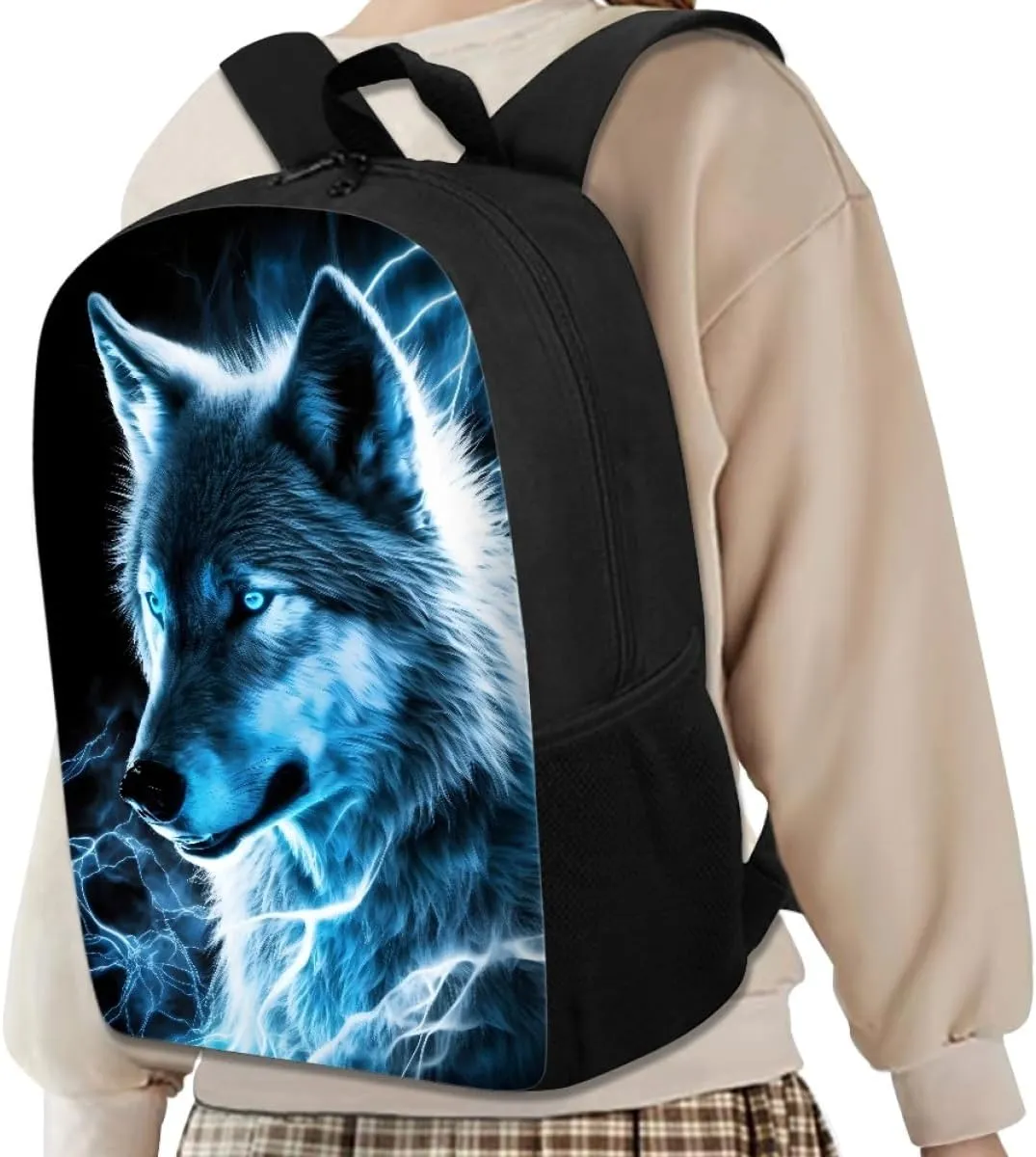 Cool Fire Ice Wolf Printed School Backpacks for Boys Girls Casual Lightweight Daypack Bookbag Travel Knapsack,Blue Lightning Wolf