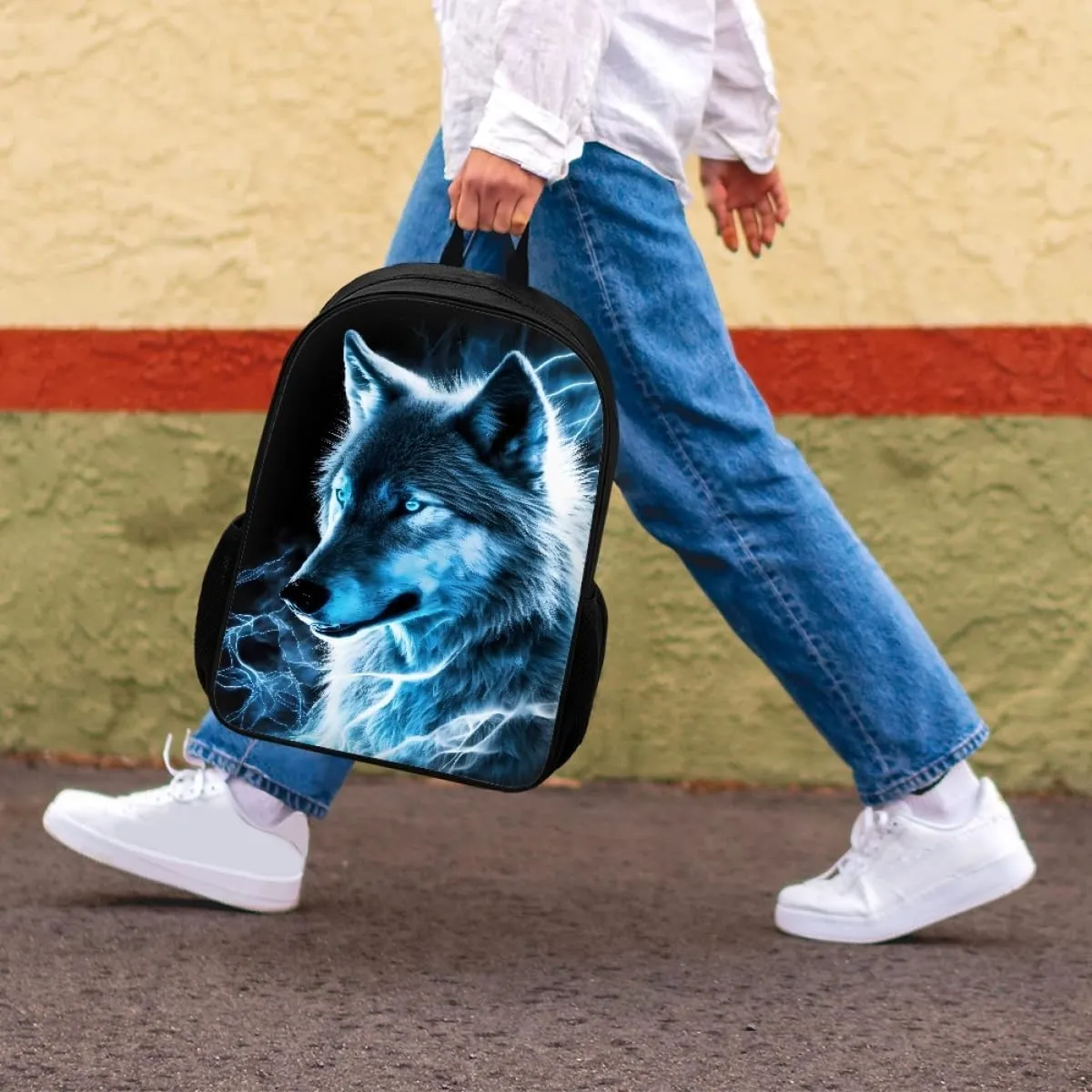 Cool Fire Ice Wolf Printed School Backpacks for Boys Girls Casual Lightweight Daypack Bookbag Travel Knapsack,Blue Lightning Wolf