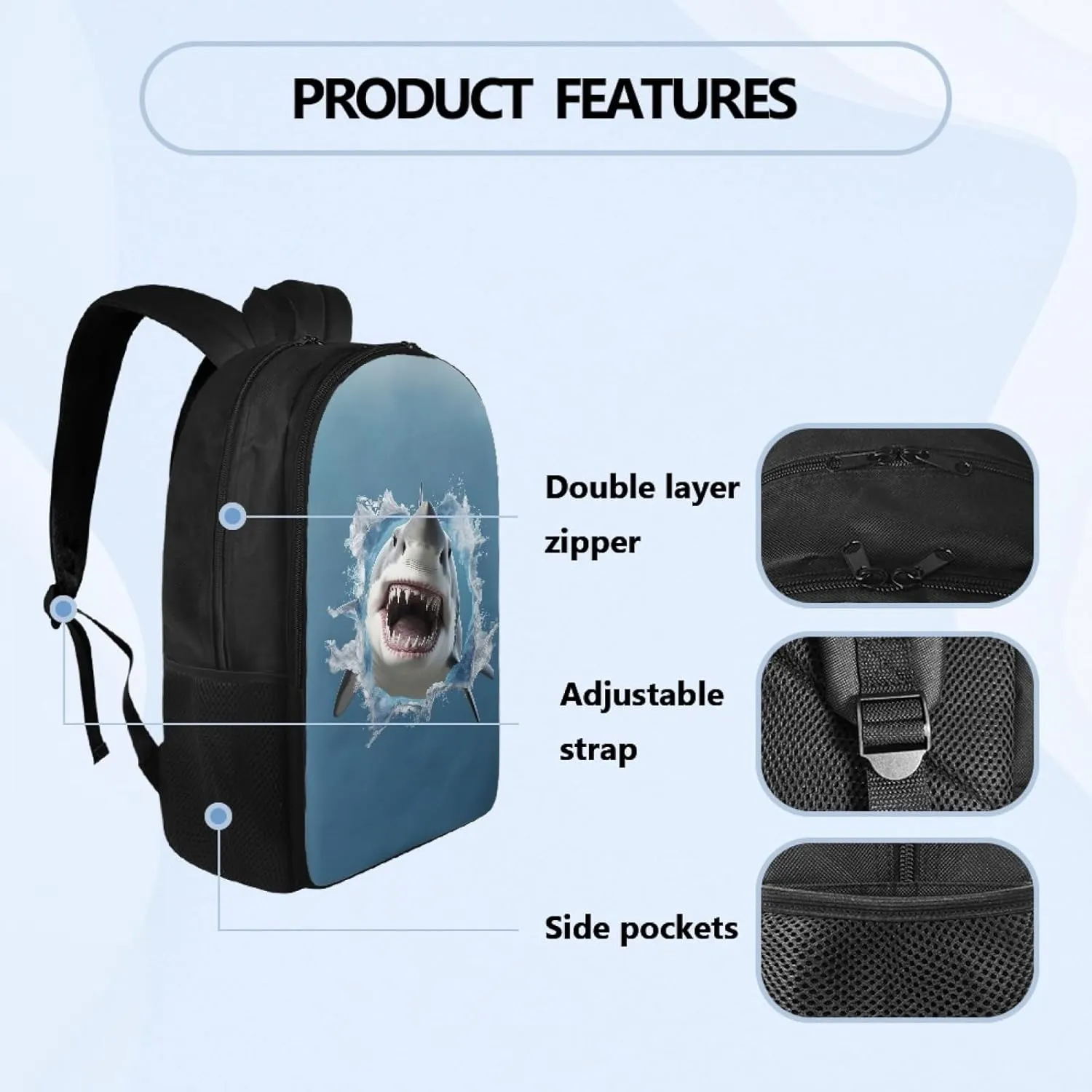 Cool Shark Boys School Bag for Age 5-12 Years Kids Backpack for Elementary Children Multifunctional Bookbag for Girls Toddler Niñas Adorable Book Bag for School Supplies