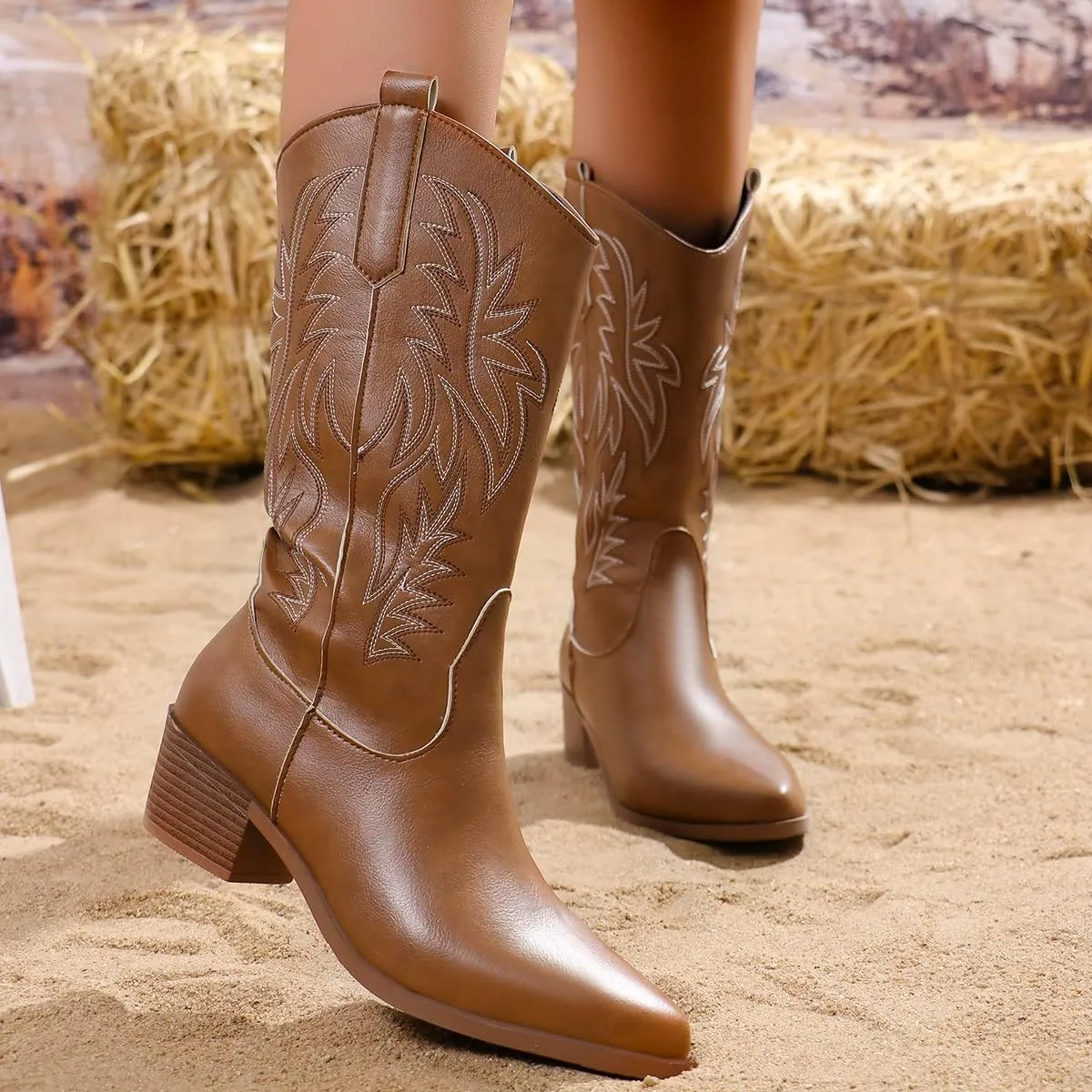 Cowgirl Boot for Women,Retro Classic Mid Calf Western Boots Embroidered Pointed Toe Chunky Block Heel Cowboy Boots