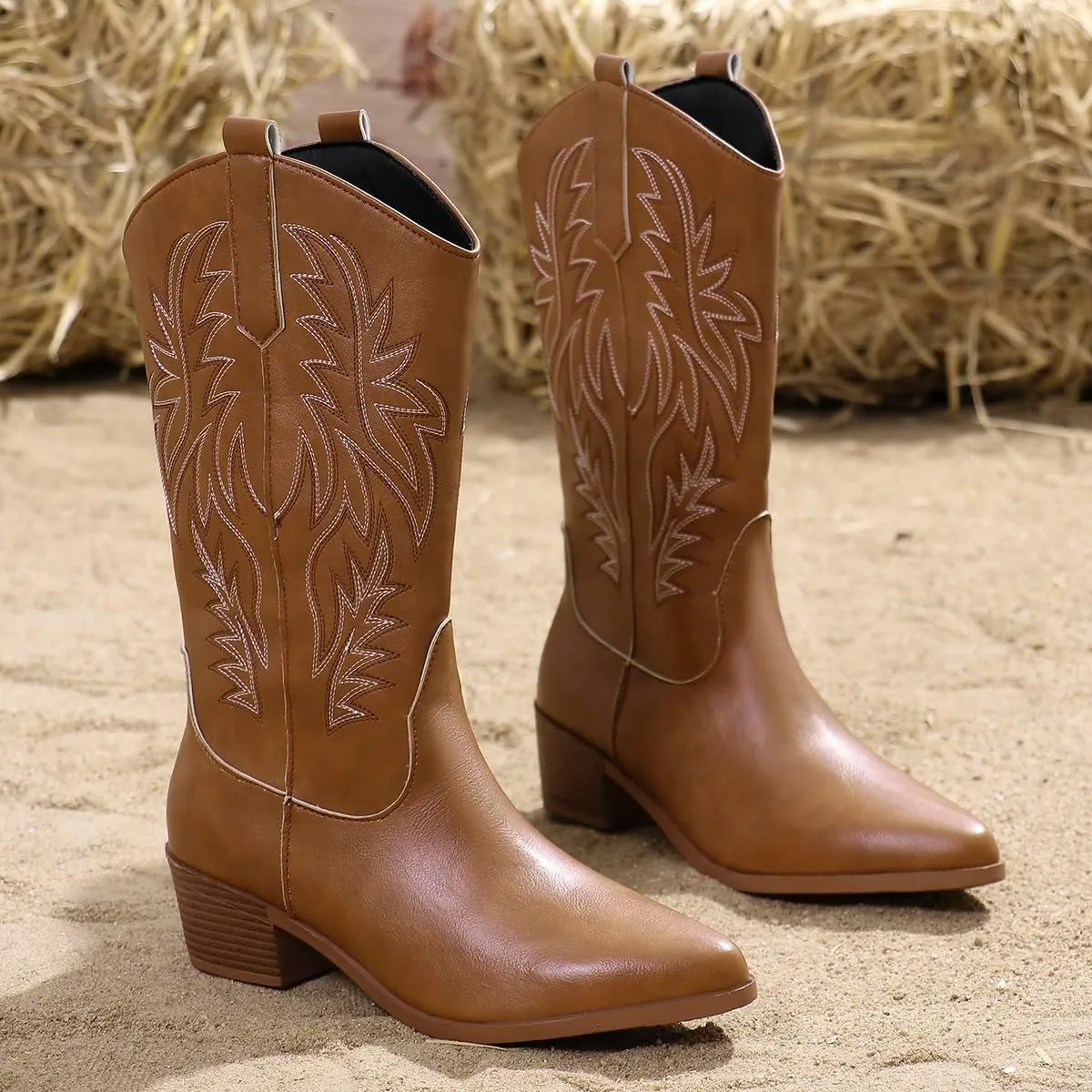 Cowgirl Boot for Women,Retro Classic Mid Calf Western Boots Embroidered Pointed Toe Chunky Block Heel Cowboy Boots