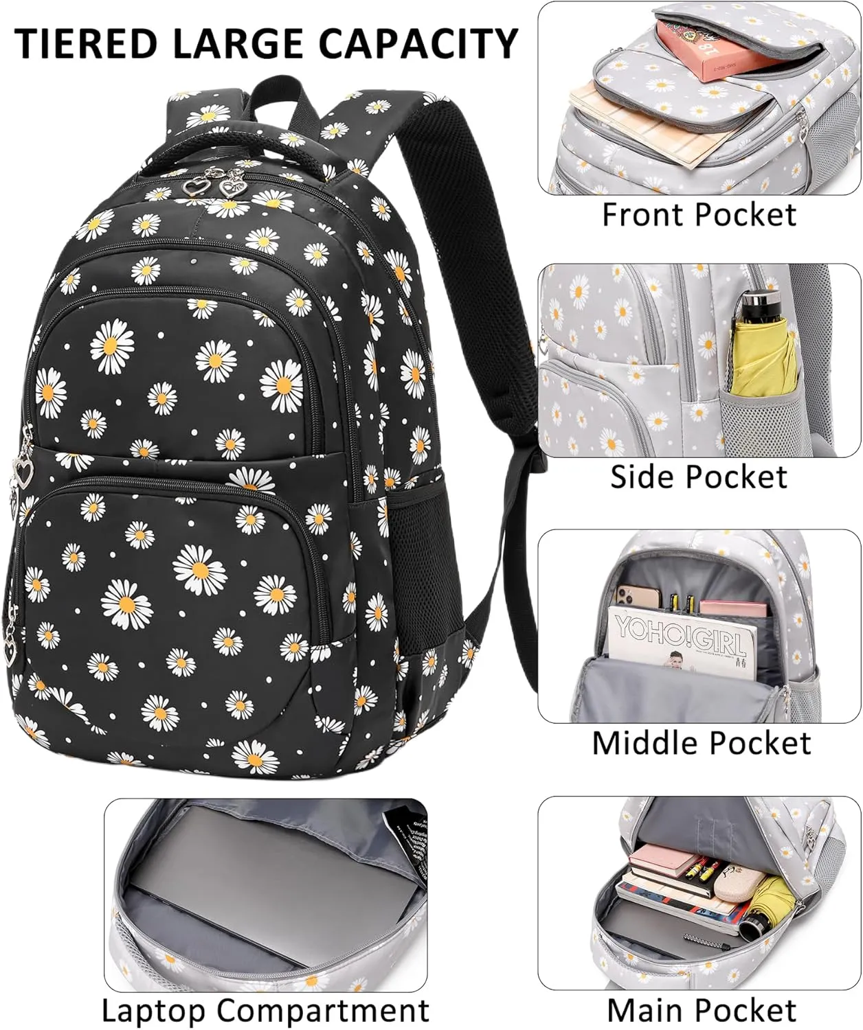 Createy Girls Backpack, Daisy Backpack for Girls School Bags Elementary Bookbags Primary School Backpack Kids Backpack with Lunch Box and Pencil Case