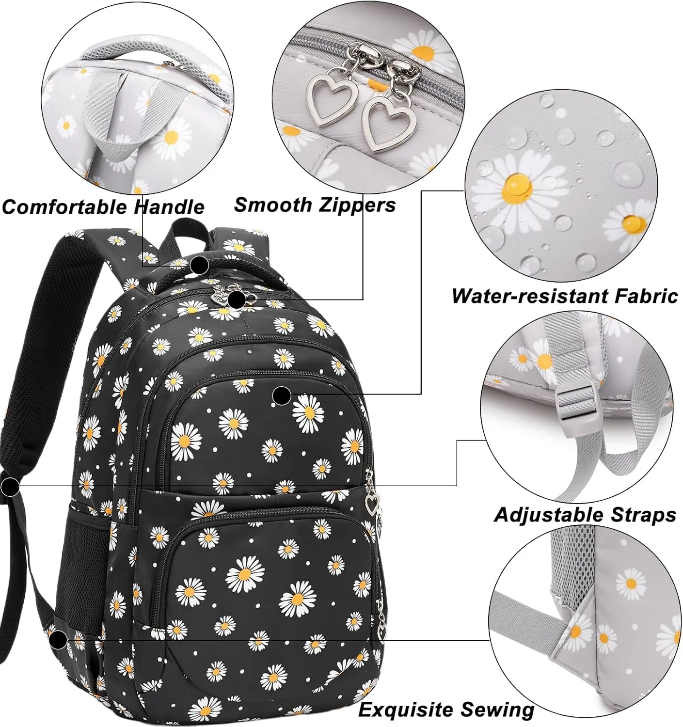 Createy Girls Backpack, Daisy Backpack for Girls School Bags Elementary Bookbags Primary School Backpack Kids Backpack with Lunch Box and Pencil Case