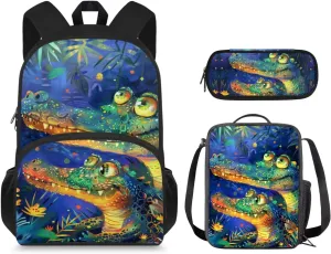Crocodile Backpack for Boys Kids Backpack with Lunch Box and Soft Pencil Pouch 3 Pcs Set 15" Large Capacity Bookbag with Front Pocket for School Lightweight Kindergarten School Bag