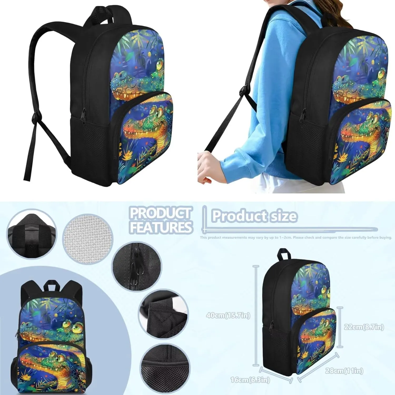 Crocodile Backpack for Boys Kids Backpack with Lunch Box and Soft Pencil Pouch 3 Pcs Set 15" Large Capacity Bookbag with Front Pocket for School Lightweight Kindergarten School Bag