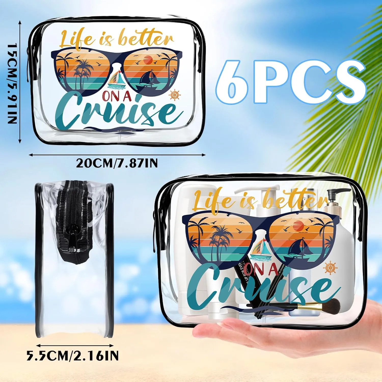 Cruise Ship Essentials Must Haves, 6Pcs Clear Makeup Bags, Cruising Survival Kit, Waterproof PVC Cosmetic Bag with Zipper Travel Vacation Pouch, Cruise Accessories Gifts for Women Girls