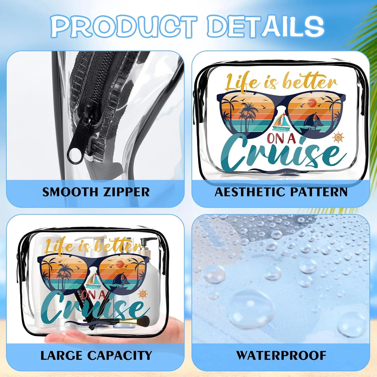 Cruise Ship Essentials Must Haves, 6Pcs Clear Makeup Bags, Cruising Survival Kit, Waterproof PVC Cosmetic Bag with Zipper Travel Vacation Pouch, Cruise Accessories Gifts for Women Girls