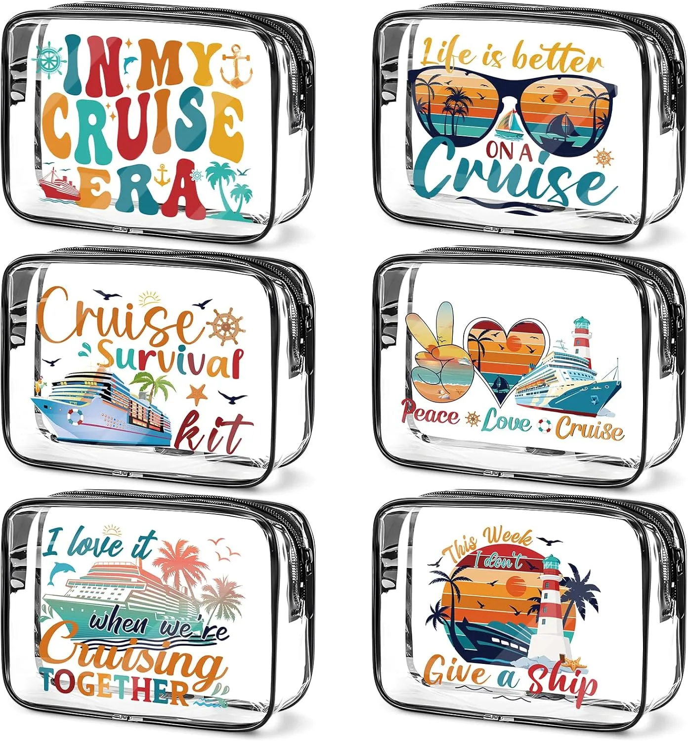 Cruise Ship Essentials Must Haves, 6Pcs Clear Makeup Bags, Cruising Survival Kit, Waterproof PVC Cosmetic Bag with Zipper Travel Vacation Pouch, Cruise Accessories Gifts for Women Girls