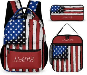 Custom 3 Piece Backpack Set Add Your Name Personalized American Flag School Bag with Lunch Bag Box Pencil Case Customized Backpack for Kids Girls Boys Student