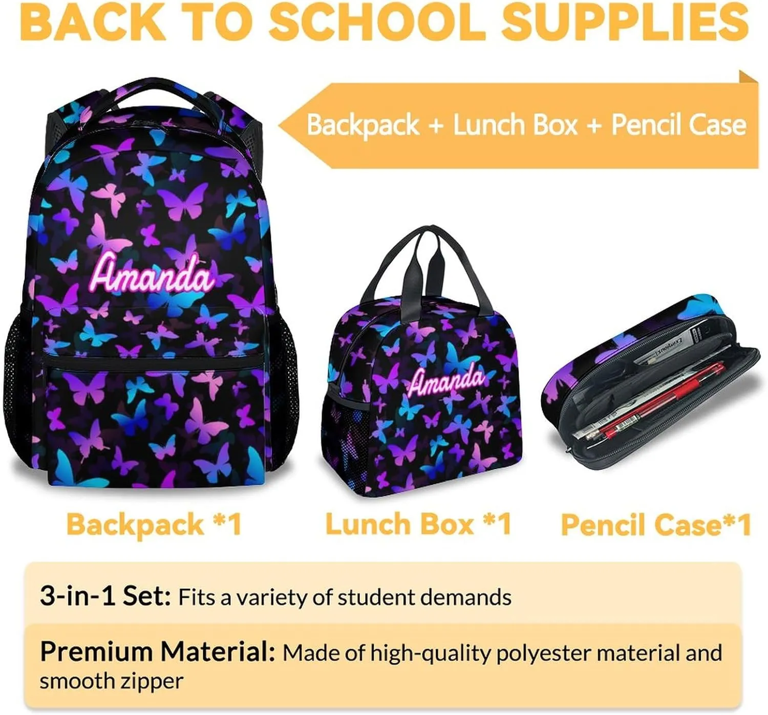 Custom Butterfly Backpack with Lunch Box, Personalized Set of 3 School Backpacks Matching Combo, Cute Lightweight Bookbag and Pencil Case Bundle