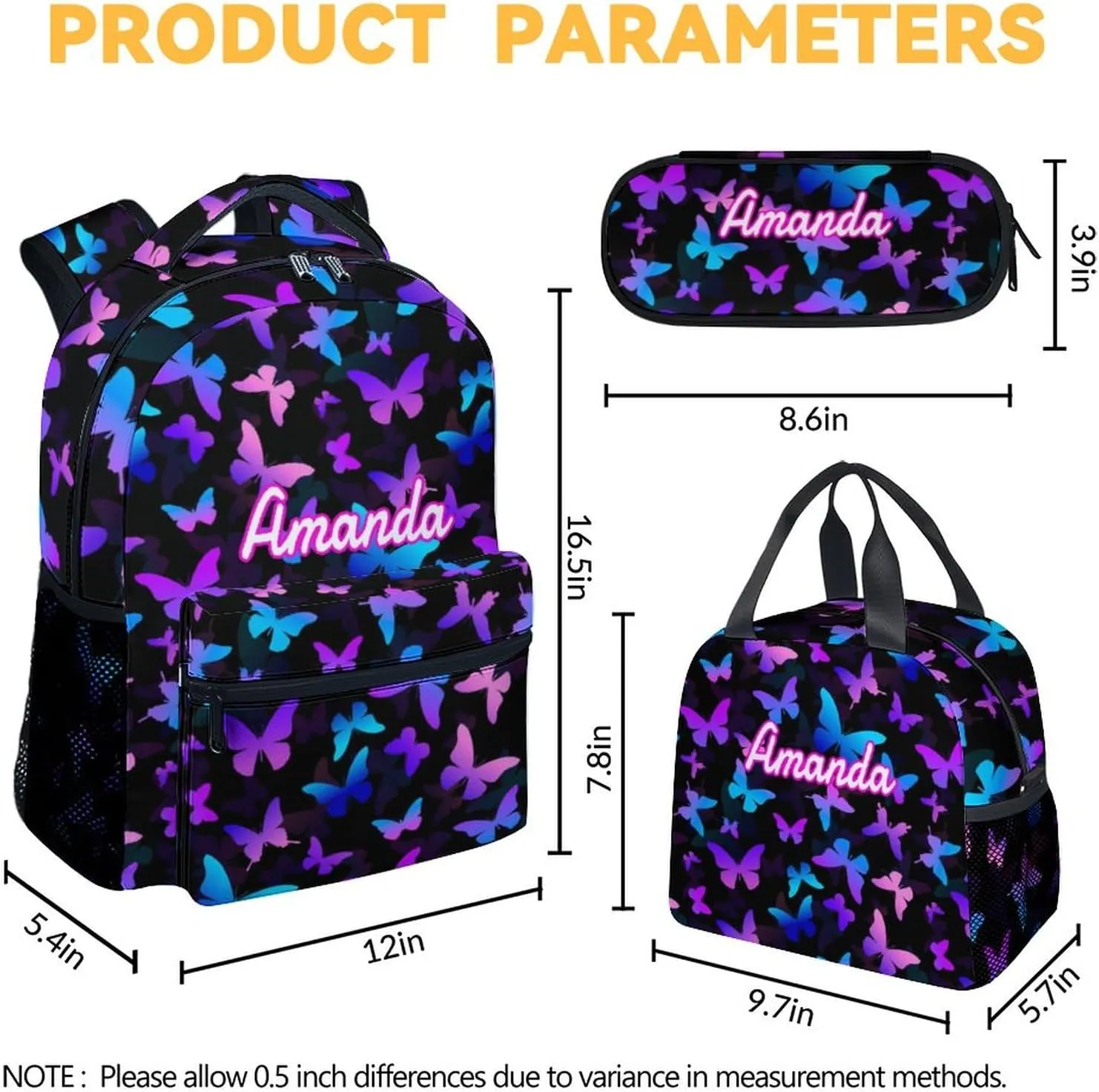 Custom Butterfly Backpack with Lunch Box, Personalized Set of 3 School Backpacks Matching Combo, Cute Lightweight Bookbag and Pencil Case Bundle