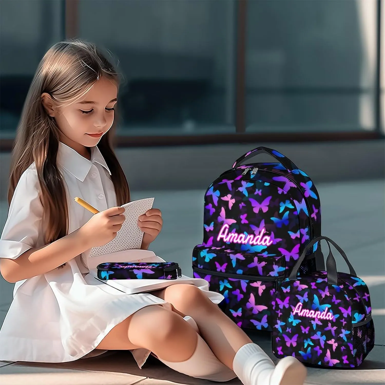 Custom Butterfly Backpack with Lunch Box, Personalized Set of 3 School Backpacks Matching Combo, Cute Lightweight Bookbag and Pencil Case Bundle