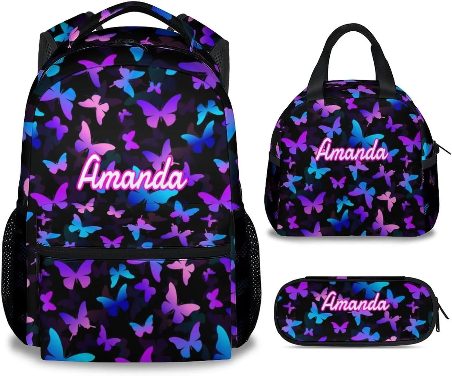 Custom Butterfly Backpack with Lunch Box, Personalized Set of 3 School Backpacks Matching Combo, Cute Lightweight Bookbag and Pencil Case Bundle