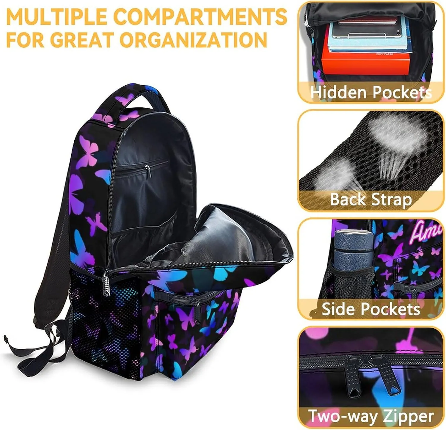 Custom Butterfly Backpack with Lunch Box, Personalized Set of 3 School Backpacks Matching Combo, Cute Lightweight Bookbag and Pencil Case Bundle