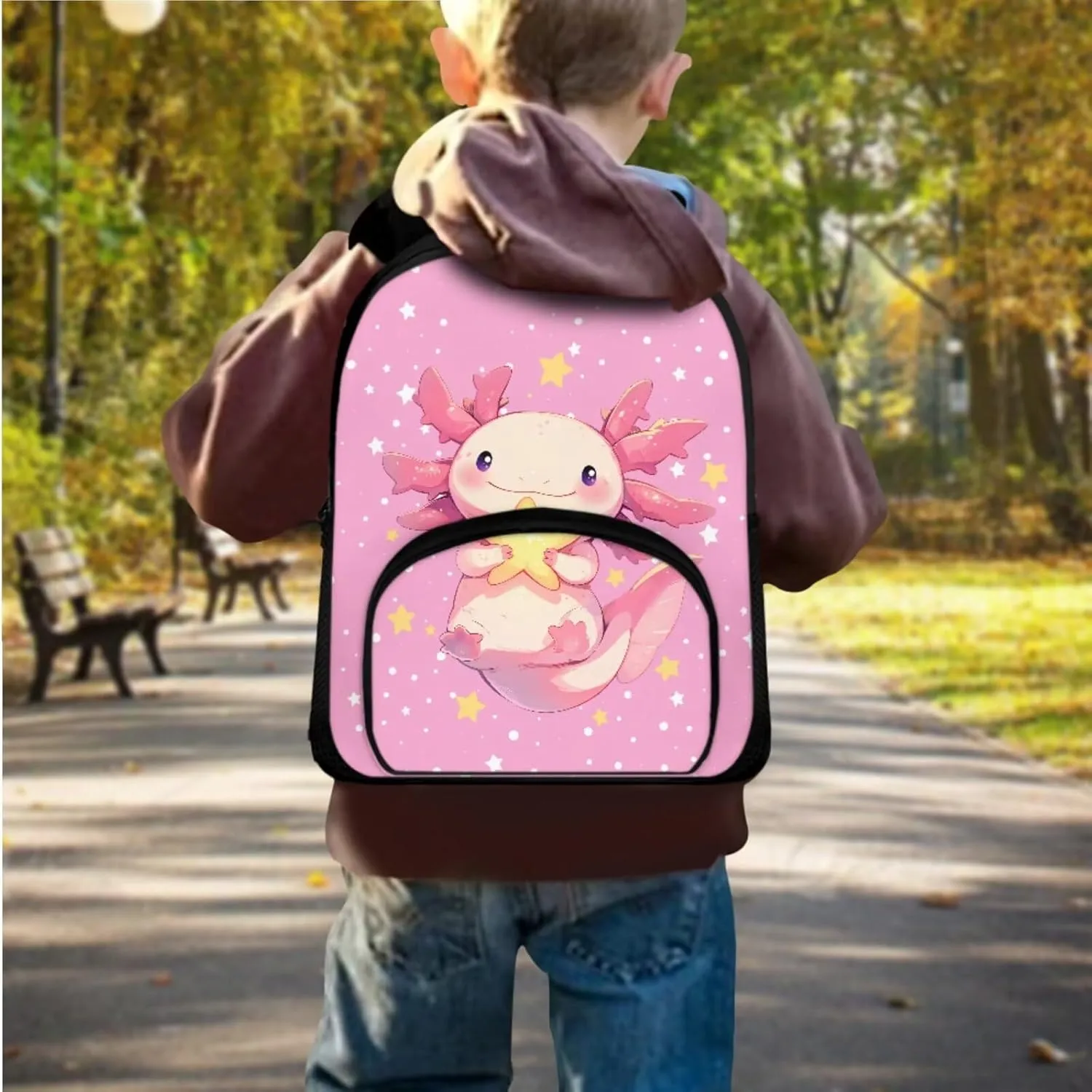 Cute Axolotl Backpack for Girls Kids Backpack with Lunch Box and Large Pencil Pouch 3 Pcs Set 12" Lightweight Bookbag with Front Pocket Sturdy School Bag with Side Pockets for Toddler Girls