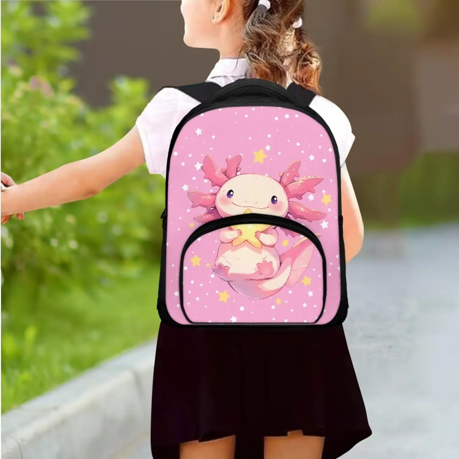 Cute Axolotl Backpack for Girls Kids Backpack with Lunch Box and Large Pencil Pouch 3 Pcs Set 12" Lightweight Bookbag with Front Pocket Sturdy School Bag with Side Pockets for Toddler Girls