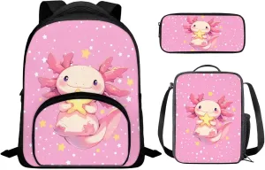 Cute Axolotl Backpack for Girls Kids Backpack with Lunch Box and Large Pencil Pouch 3 Pcs Set 12" Lightweight Bookbag with Front Pocket Sturdy School Bag with Side Pockets for Toddler Girls