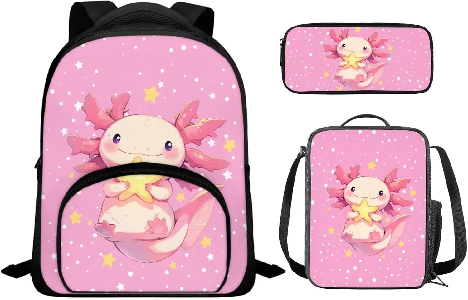 Cute Axolotl Backpack for Girls Kids Backpack with Lunch Box and Large Pencil Pouch 3 Pcs Set 12" Lightweight Bookbag with Front Pocket Sturdy School Bag with Side Pockets for Toddler Girls