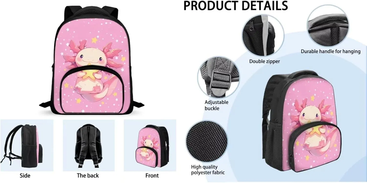 Cute Axolotl Backpack for Girls Kids Backpack with Lunch Box and Large Pencil Pouch 3 Pcs Set 12" Lightweight Bookbag with Front Pocket Sturdy School Bag with Side Pockets for Toddler Girls