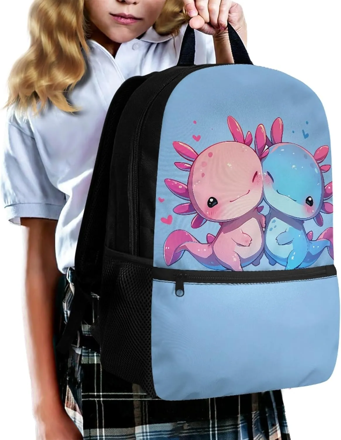 Cute Axolotl Pink Backpack for Teen Boys Girls School Bag for Age 10-18 Years Old Blue Book Bag with Adjustable Shoulder Straps Rucksack Daypack