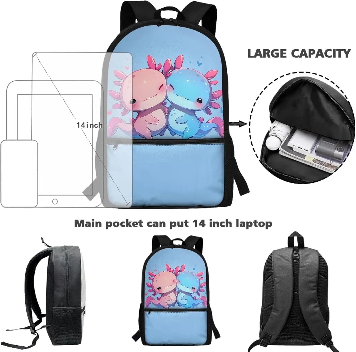 Cute Axolotl Pink Backpack for Teen Boys Girls School Bag for Age 10-18 Years Old Blue Book Bag with Adjustable Shoulder Straps Rucksack Daypack