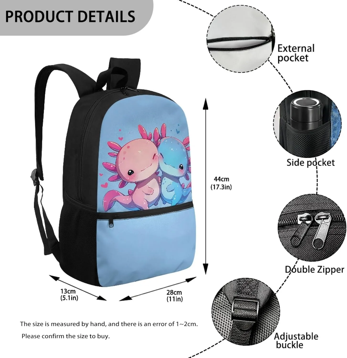 Cute Axolotl Pink Backpack for Teen Boys Girls School Bag for Age 10-18 Years Old Blue Book Bag with Adjustable Shoulder Straps Rucksack Daypack