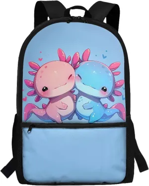 Cute Axolotl Pink Backpack for Teen Boys Girls School Bag for Age 10-18 Years Old Blue Book Bag with Adjustable Shoulder Straps Rucksack Daypack
