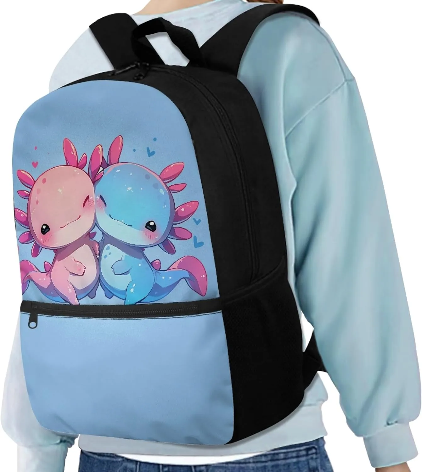 Cute Axolotl Pink Backpack for Teen Boys Girls School Bag for Age 10-18 Years Old Blue Book Bag with Adjustable Shoulder Straps Rucksack Daypack