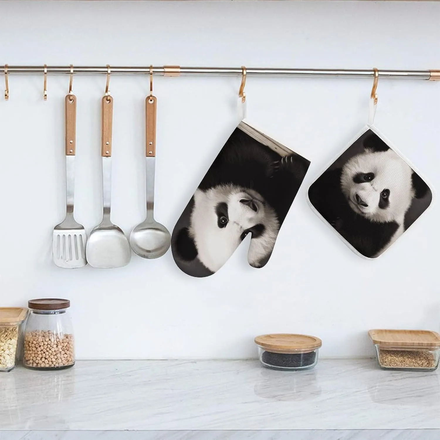 Cute Black and White Panda Oven Mitts and Pot Holders 2 Set, Heat Resistant Kitchen Glove with Quilted Liner, Non-Slip Oven Gloves for Baking Cooking