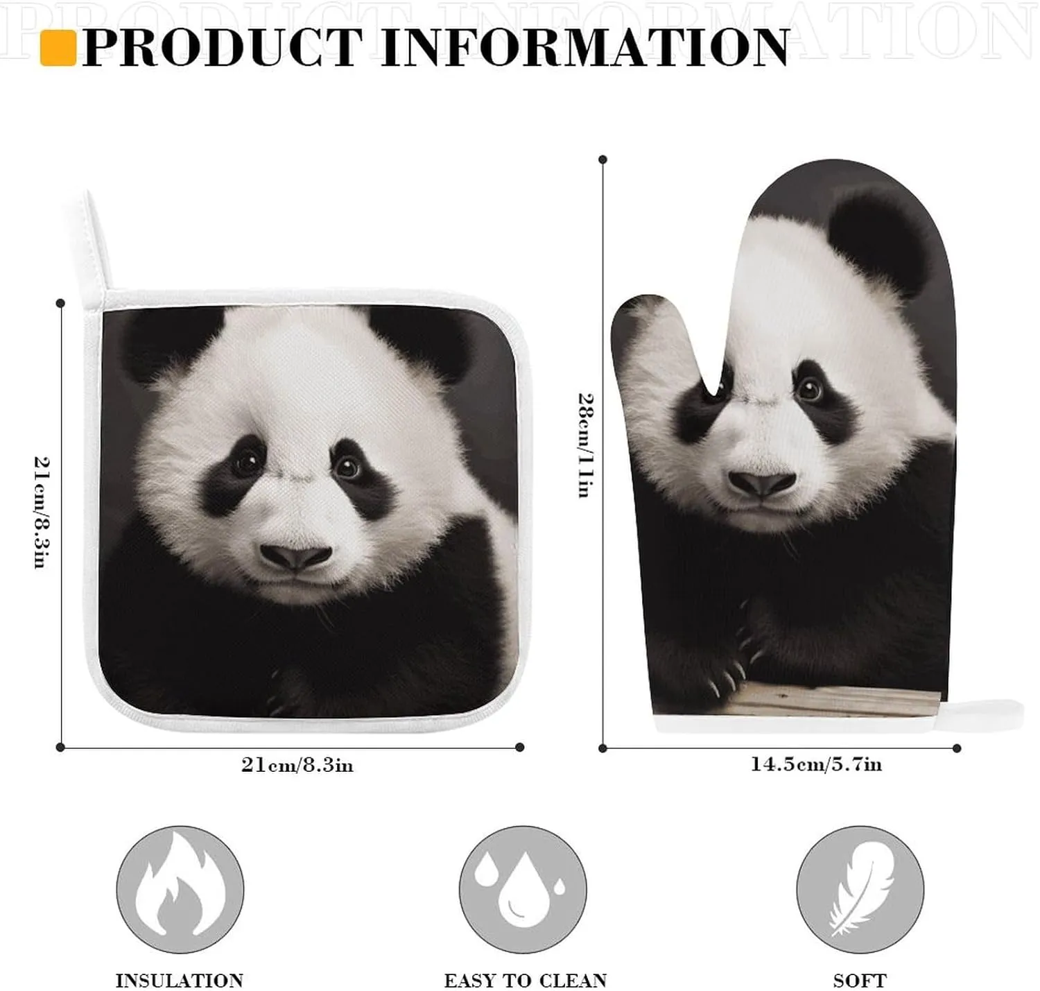 Cute Black and White Panda Oven Mitts and Pot Holders 2 Set, Heat Resistant Kitchen Glove with Quilted Liner, Non-Slip Oven Gloves for Baking Cooking