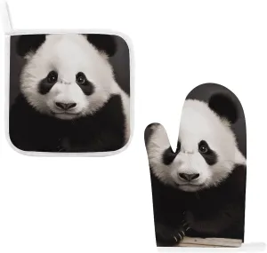 Cute Black and White Panda Oven Mitts and Pot Holders 2 Set, Heat Resistant Kitchen Glove with Quilted Liner, Non-Slip Oven Gloves for Baking Cooking