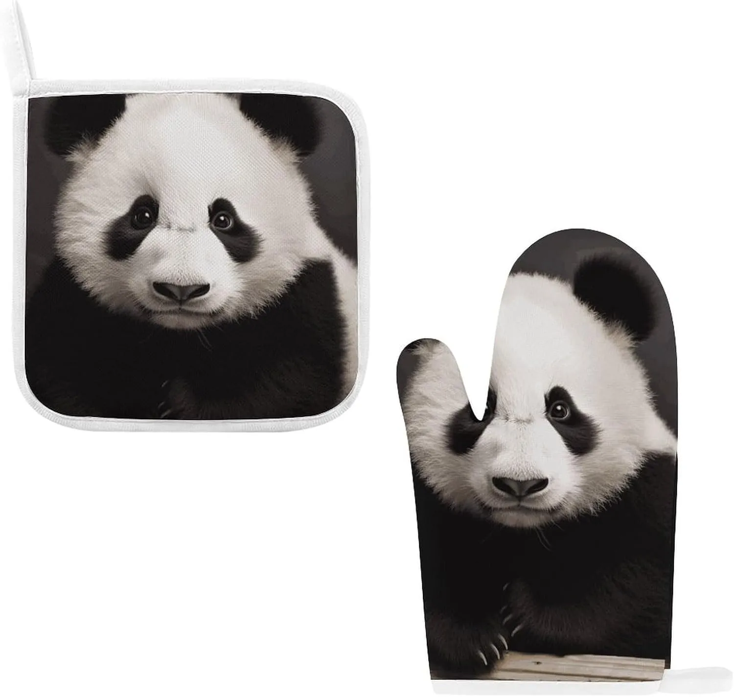 Cute Black and White Panda Oven Mitts and Pot Holders 2 Set, Heat Resistant Kitchen Glove with Quilted Liner, Non-Slip Oven Gloves for Baking Cooking