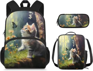 Cute Cat Backpack for Girls Kids Backpack with Lunch Box and Big Pencil Pouch 3 Pcs Set 15" Large Capacity Bookbag with Front Pocket for School Lightweight Kindergarten School Bag