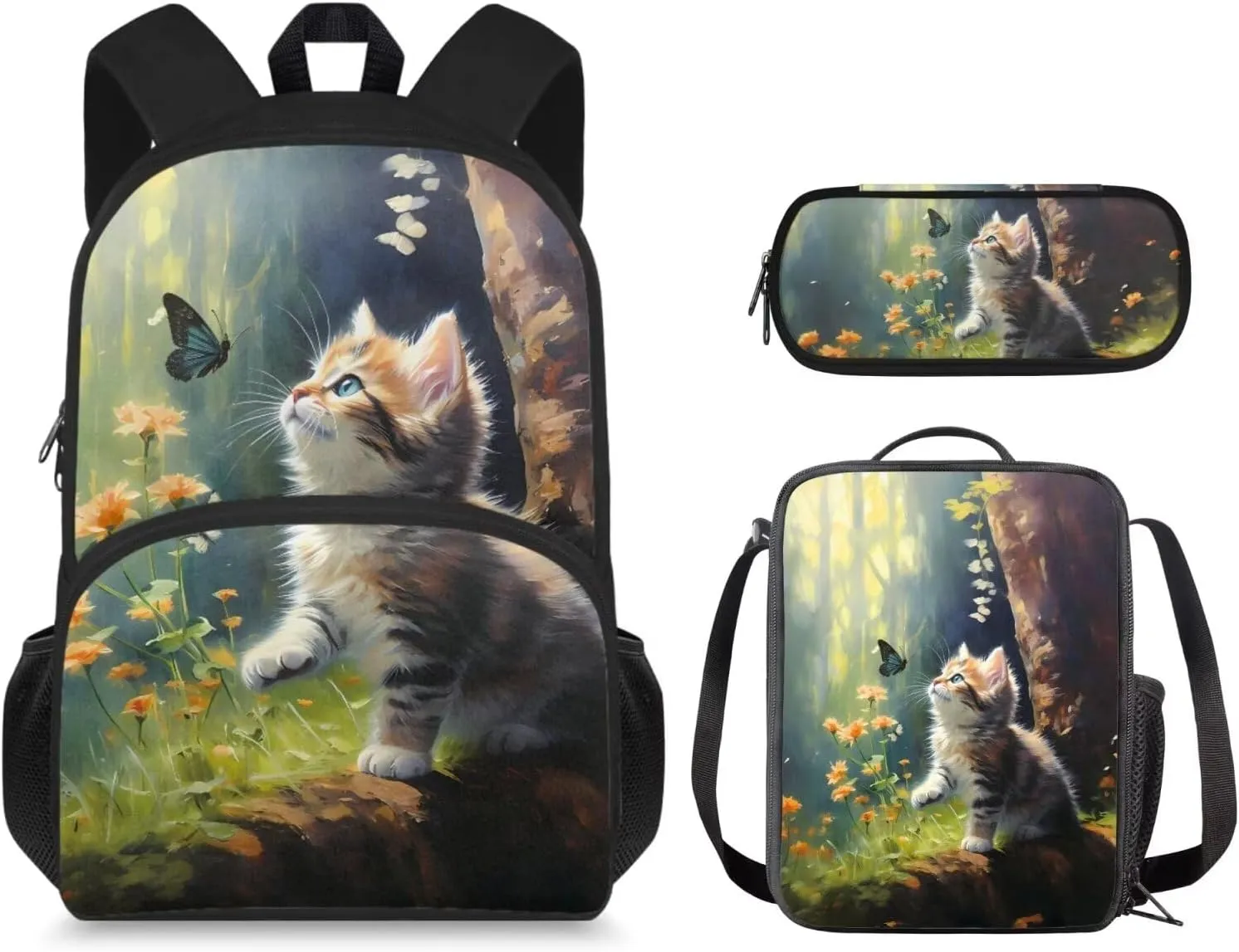 Cute Cat Backpack for Girls Kids Backpack with Lunch Box and Big Pencil Pouch 3 Pcs Set 15" Large Capacity Bookbag with Front Pocket for School Lightweight Kindergarten School Bag