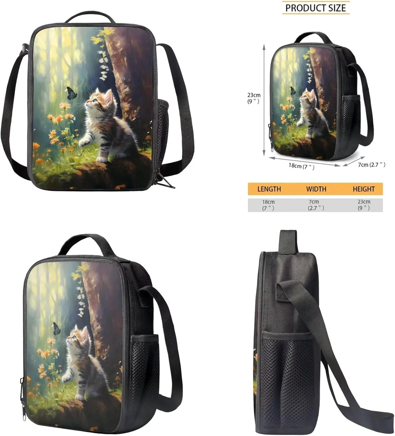 Cute Cat Backpack for Girls Kids Backpack with Lunch Box and Big Pencil Pouch 3 Pcs Set 15" Large Capacity Bookbag with Front Pocket for School Lightweight Kindergarten School Bag