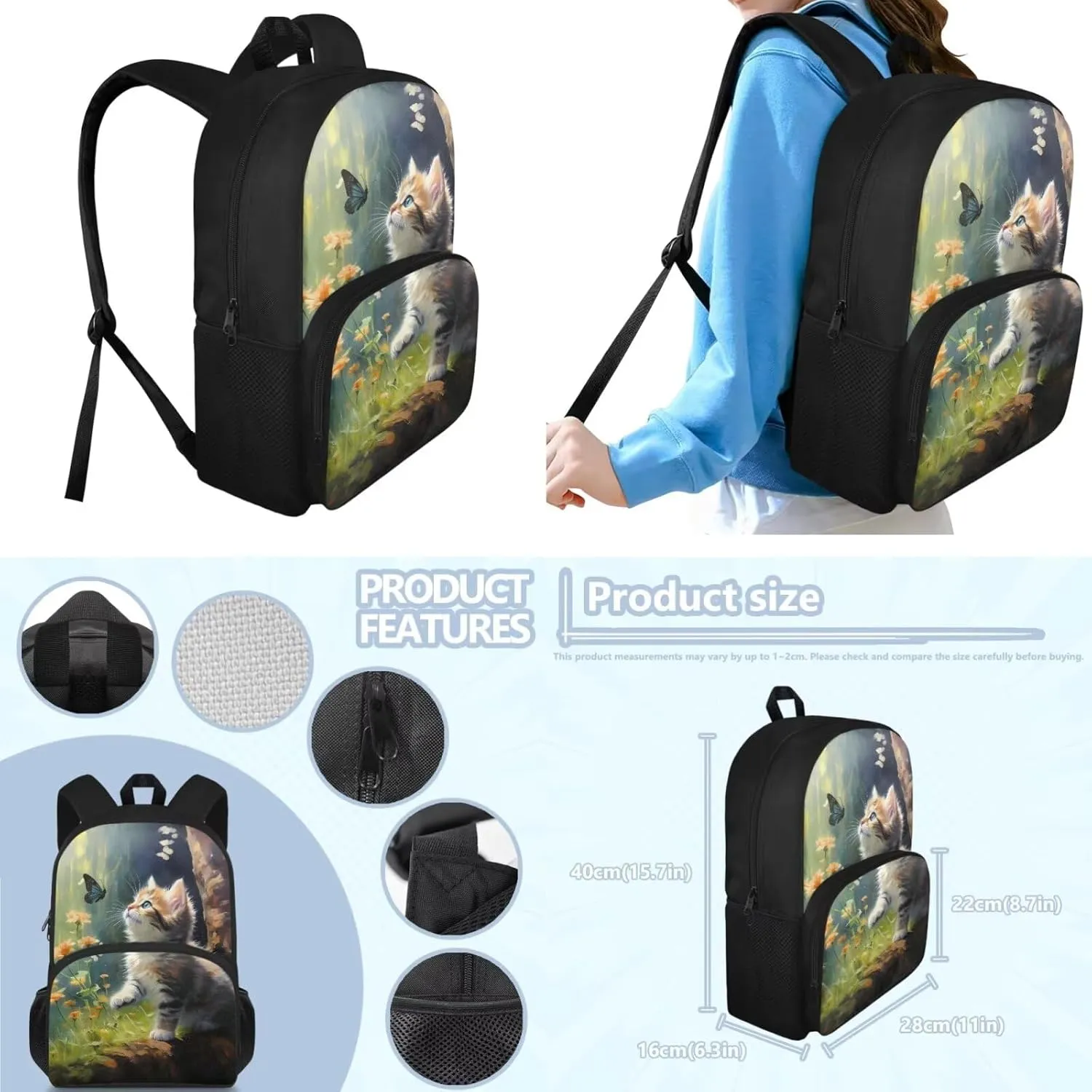 Cute Cat Backpack for Girls Kids Backpack with Lunch Box and Big Pencil Pouch 3 Pcs Set 15" Large Capacity Bookbag with Front Pocket for School Lightweight Kindergarten School Bag