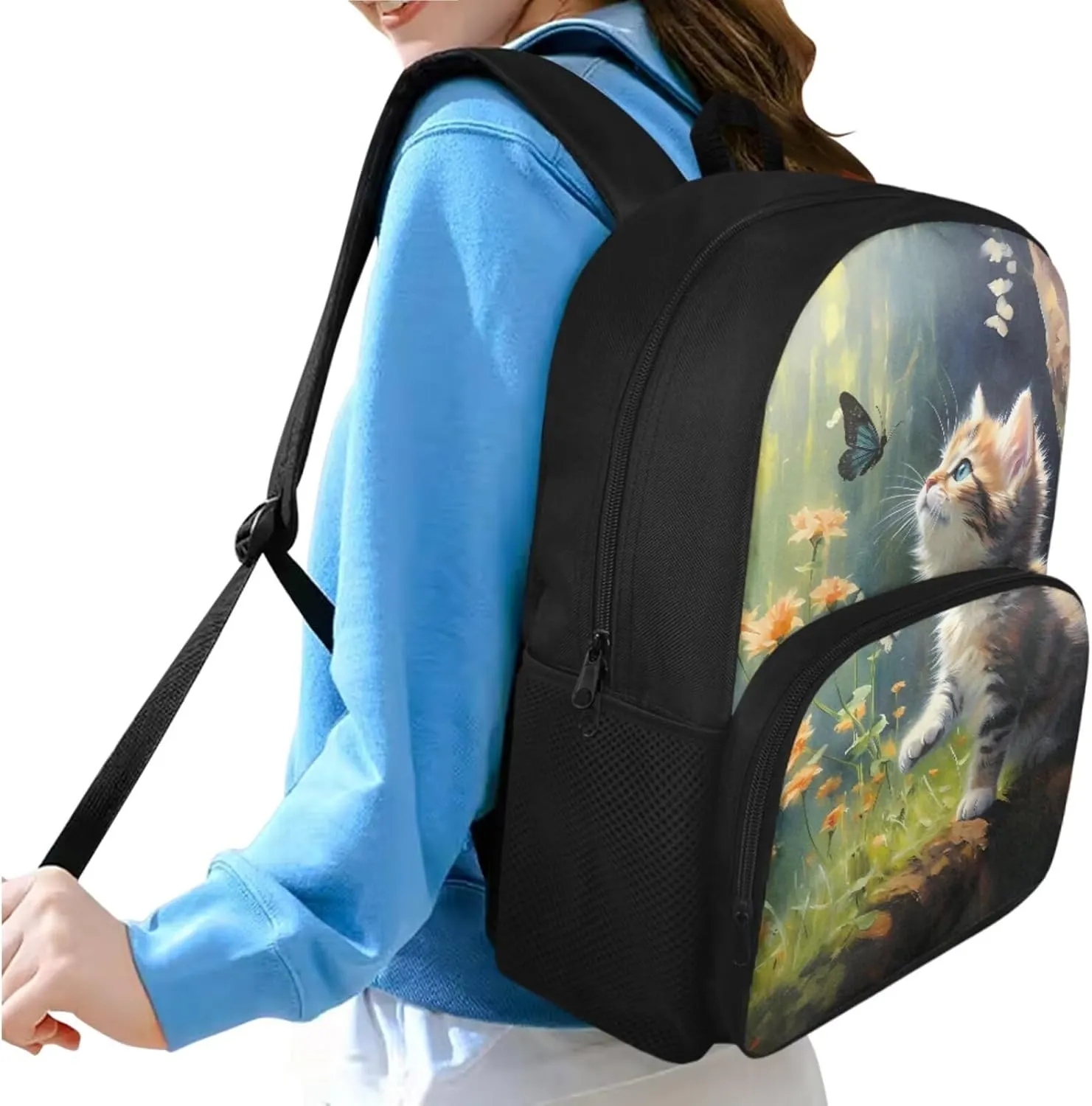 Cute Cat Backpack for Girls Kids Backpack with Lunch Box and Big Pencil Pouch 3 Pcs Set 15" Large Capacity Bookbag with Front Pocket for School Lightweight Kindergarten School Bag