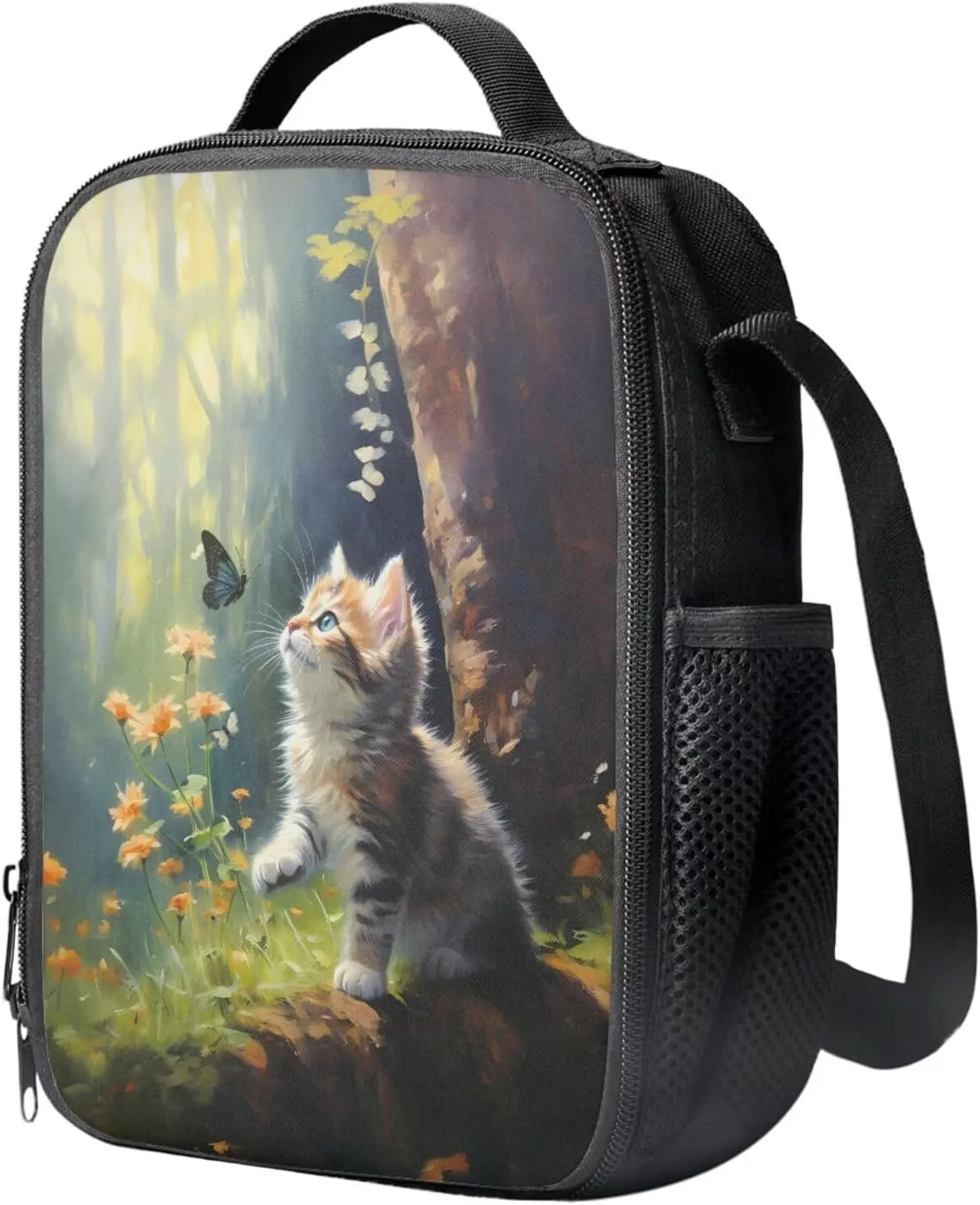 Cute Cat Backpack for Girls Kids Backpack with Lunch Box and Big Pencil Pouch 3 Pcs Set 15" Large Capacity Bookbag with Front Pocket for School Lightweight Kindergarten School Bag