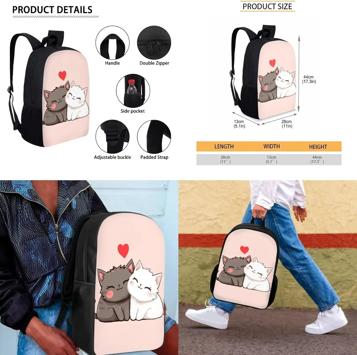 Cute Cat Bookbags for 5th Grade Girls School Backpacks 4 in 1 Backpack for Elementary School Girls with Lunch Box and Pencil Case 17 Inch Aesthetic Daypack for Weekend Services