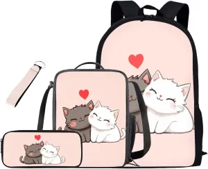 Cute Cat Bookbags for 5th Grade Girls School Backpacks 4 in 1 Backpack for Elementary School Girls with Lunch Box and Pencil Case 17 Inch Aesthetic Daypack for Weekend Services