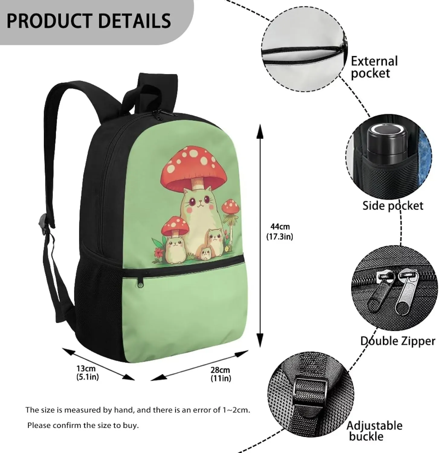 Cute Cat Girls School Backpack for Age 5-10 Kids,Mushroom Book Bag for Preschool Boys Bookbag for Back to School Gift Child School Bag with Double Zipper
