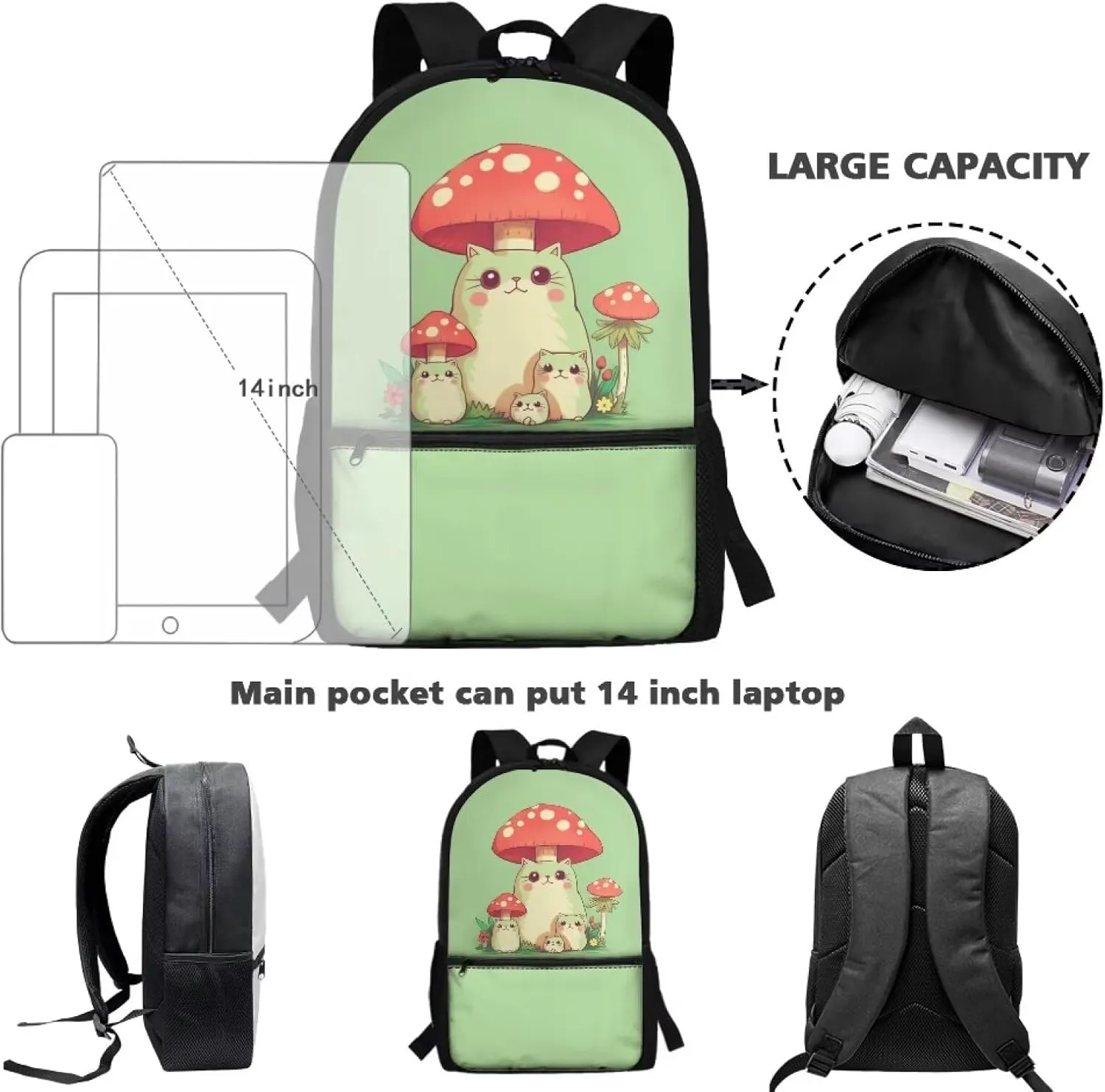 Cute Cat Girls School Backpack for Age 5-10 Kids,Mushroom Book Bag for Preschool Boys Bookbag for Back to School Gift Child School Bag with Double Zipper