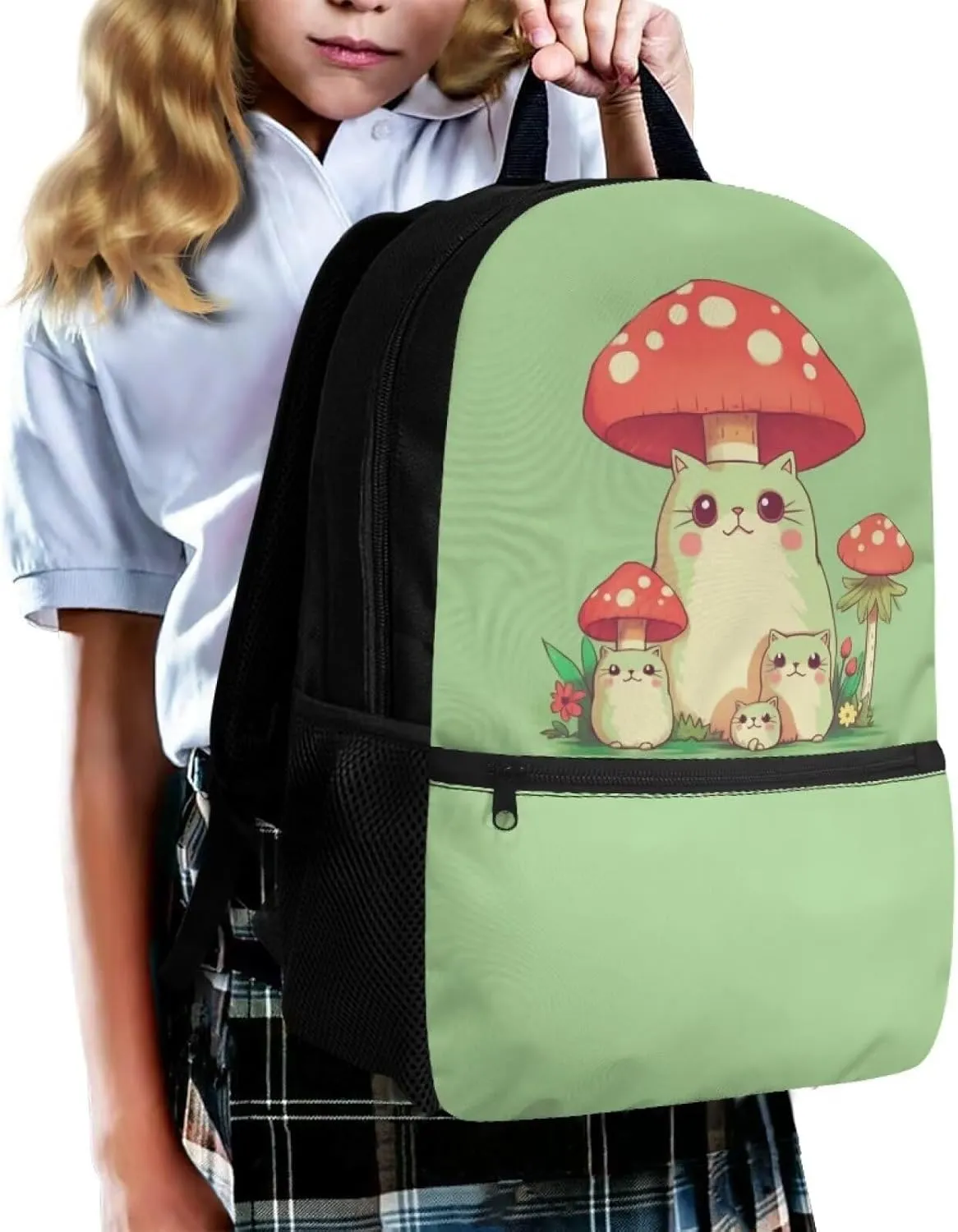 Cute Cat Girls School Backpack for Age 5-10 Kids,Mushroom Book Bag for Preschool Boys Bookbag for Back to School Gift Child School Bag with Double Zipper