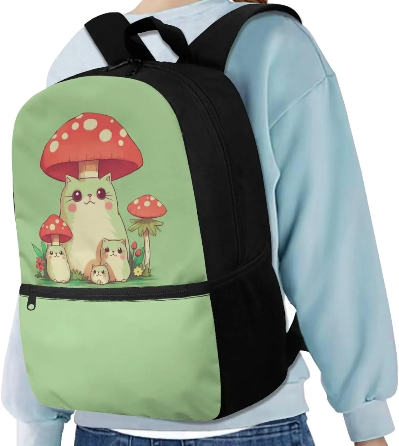 Cute Cat Girls School Backpack for Age 5-10 Kids,Mushroom Book Bag for Preschool Boys Bookbag for Back to School Gift Child School Bag with Double Zipper